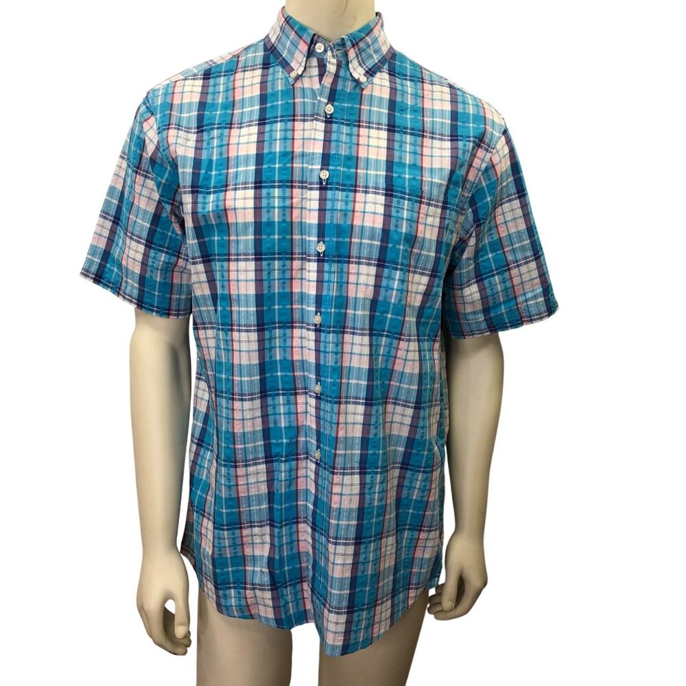 Jos. A. Bank Mens Stays Cool Plaid Short Sleeve Shirt M 100% Cotton Blue & White